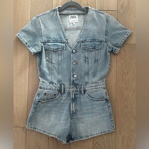 Zara Spain denim jean short romper jumper size small